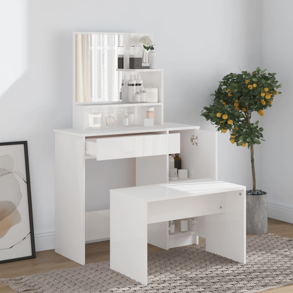 Dressing Table With Mirror High Gloss White 86.5X35X136 Cm