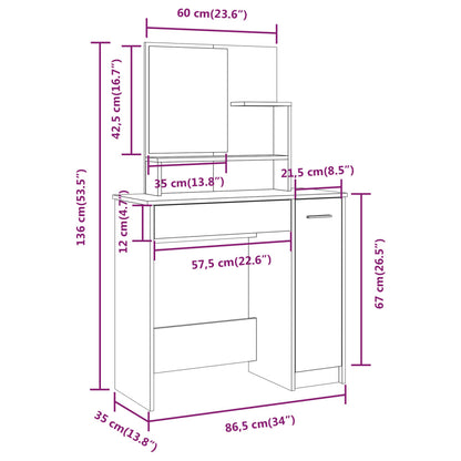 Dressing Table With Mirror High Gloss White 86.5X35X136 Cm