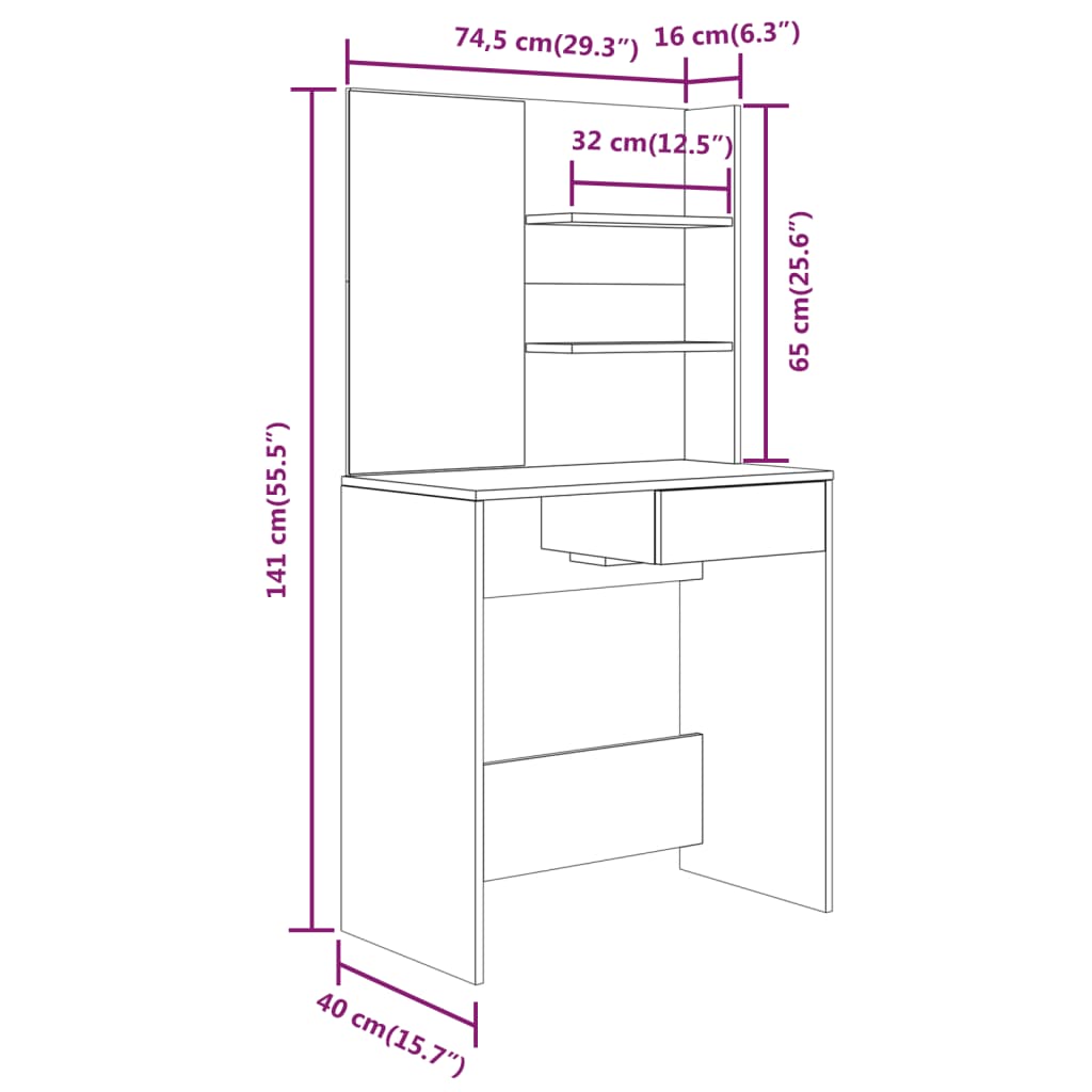 Dressing Table With Mirror Grey Sonoma 74.5X40X141 Cm