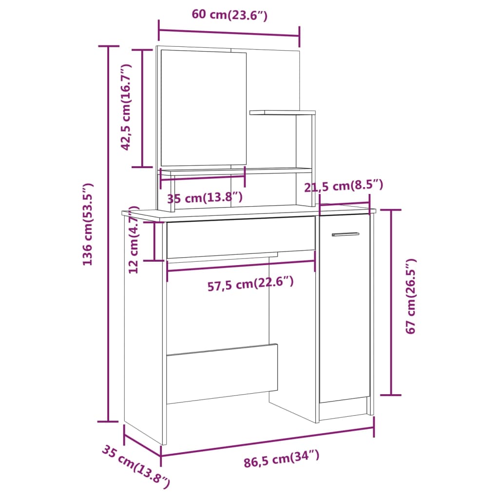 Dressing Table With Mirror Smoked Oak 86.5X35X136 Cm