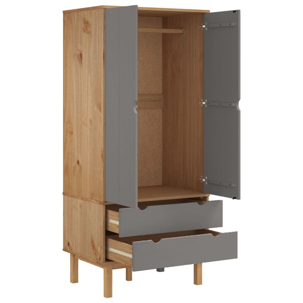 Wardrobe Otta Brown And Grey 76.5X53X172 Cm Solid Wood Pine | Hinged | Brown and Grey | 2 Drawers | 2 Doors | 76.5cm