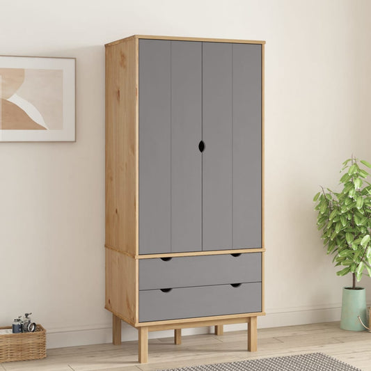 Wardrobe Otta Brown And Grey 76.5X53X172 Cm Solid Wood Pine | Hinged | Brown and Grey | 2 Drawers | 2 Doors | 76.5cm