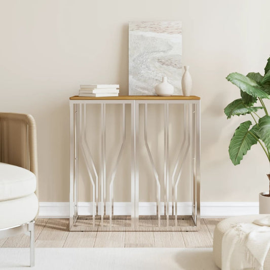 Console Table Silver Stainless Steel And Solid Wood Acacia