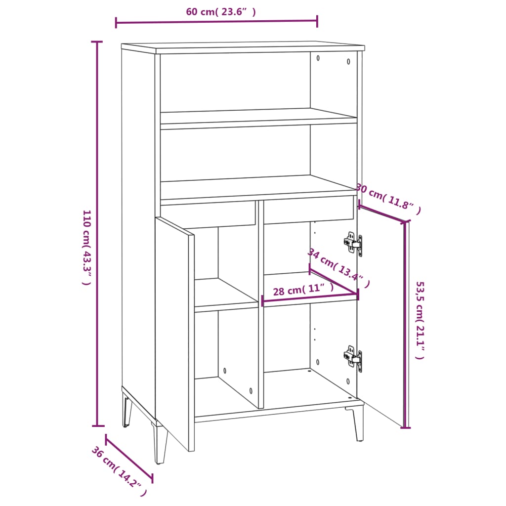 Highboard High Gloss White 60X36X110 Cm Engineered Wood