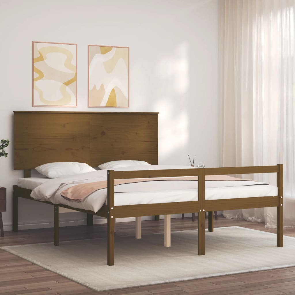 Bed Frame With Headboard Honey Brown King Size Solid Wood