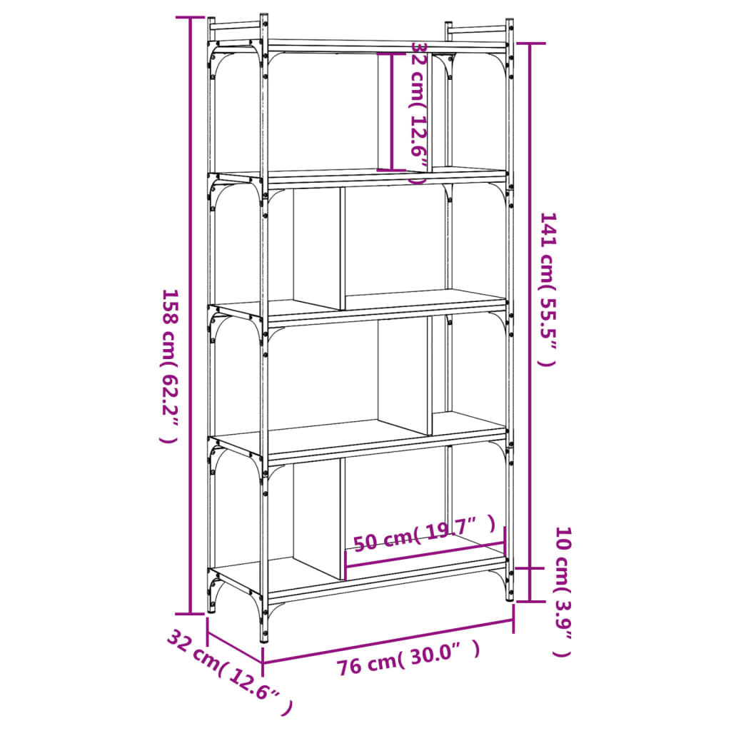 Bookcase 5-Tier Black 76X32X158 Cm Engineered Wood