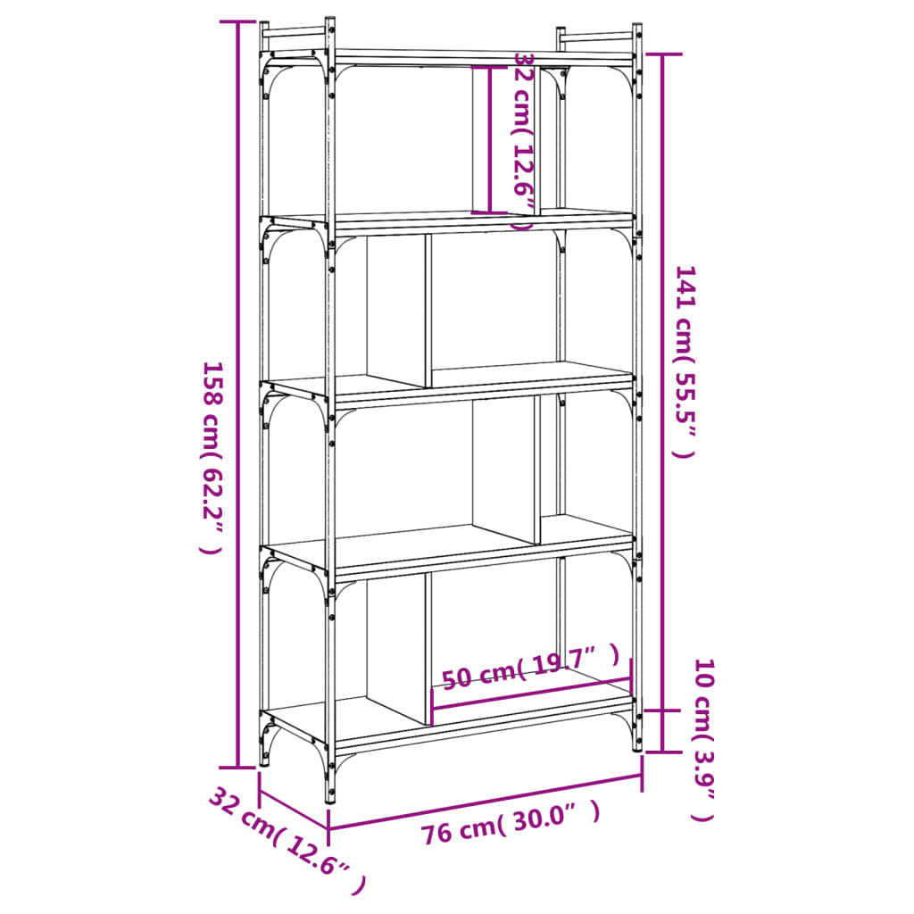 Bookcase 5-Tier Smoked Oak 76X32X158 Cm Engineered Wood