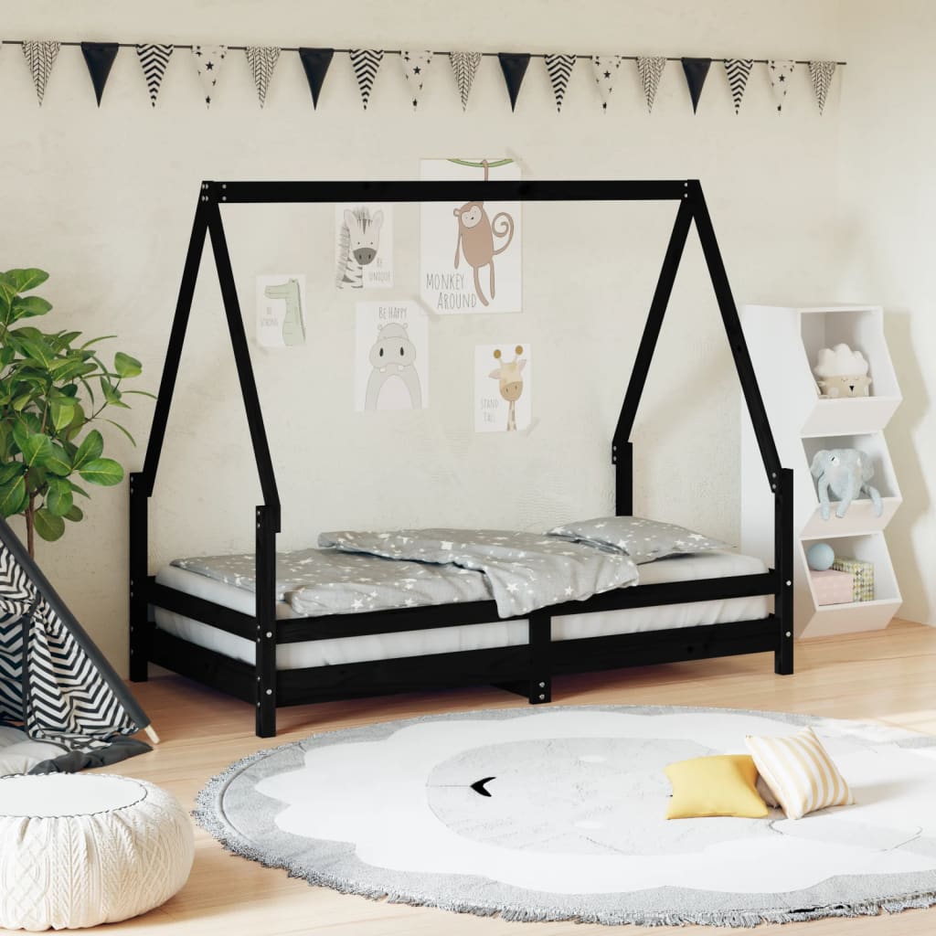 Kids Bed Frame Black 80X160 Cm Solid Wood Pine