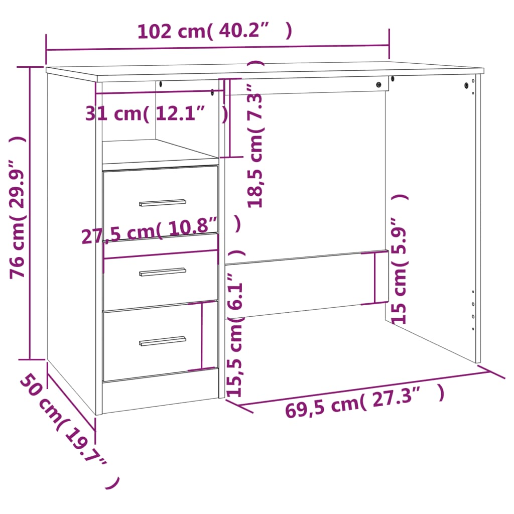 Desk With Drawers Black 102X50X76 Cm Engineered Wood