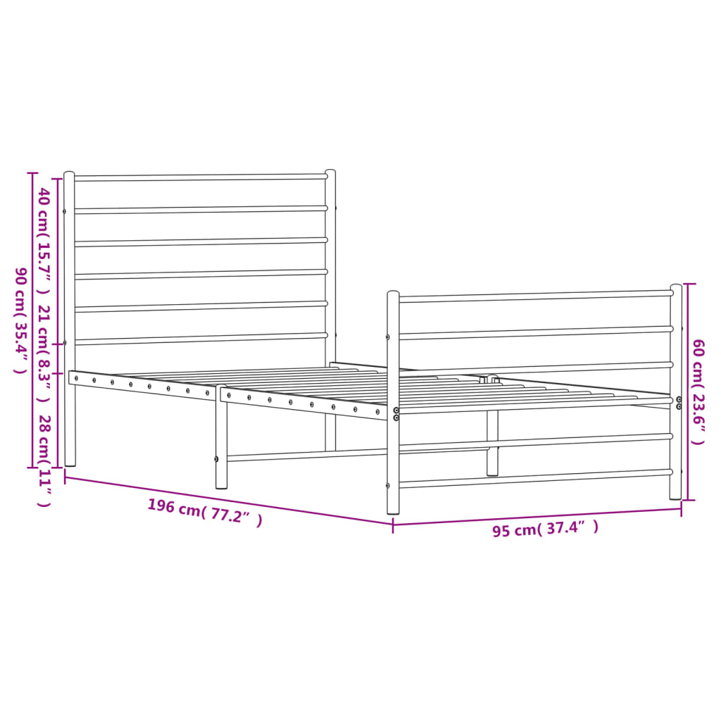 Metal Bed Frame With Headboard And Footboard Black 90X190 Cm Single