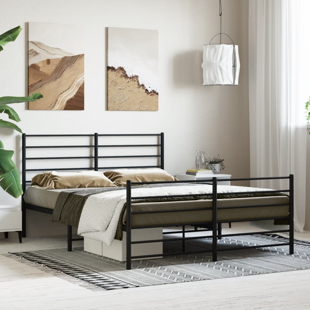 Metal Bed Frame With Headboard And Footboard Black 150X200 Cm King Size