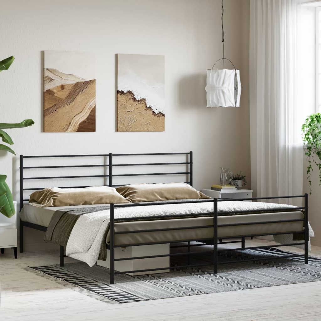 Metal Bed Frame With Headboard And Footboard Black 180X200 Cm Super King