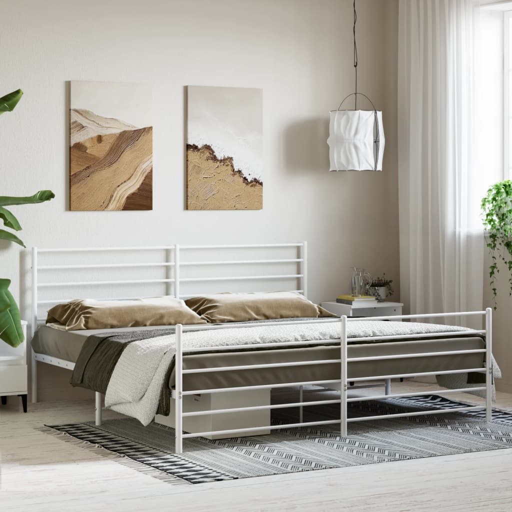 Metal Bed Frame With Headboard And Footboard White 180X200 Cm Super King