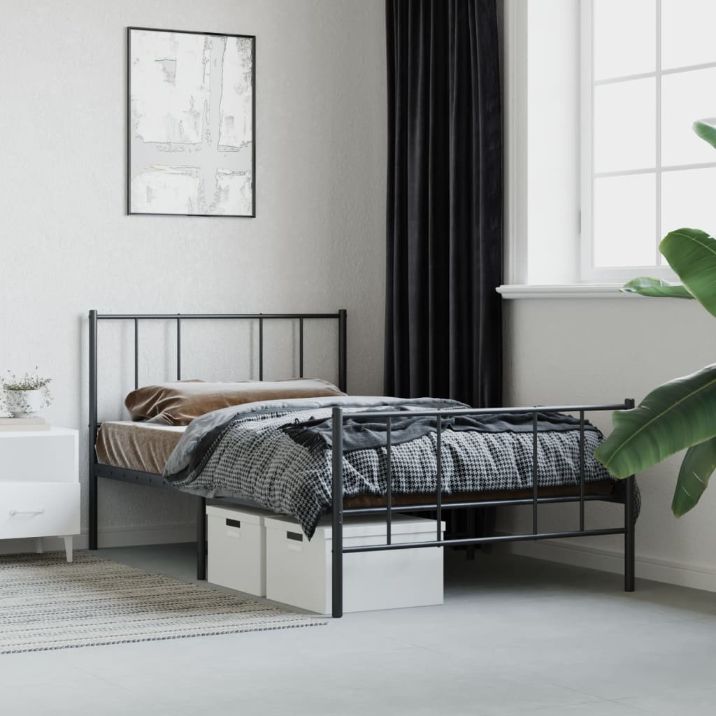 Metal Bed Frame With Headboard And Footboard Black 90X190 Cm Single