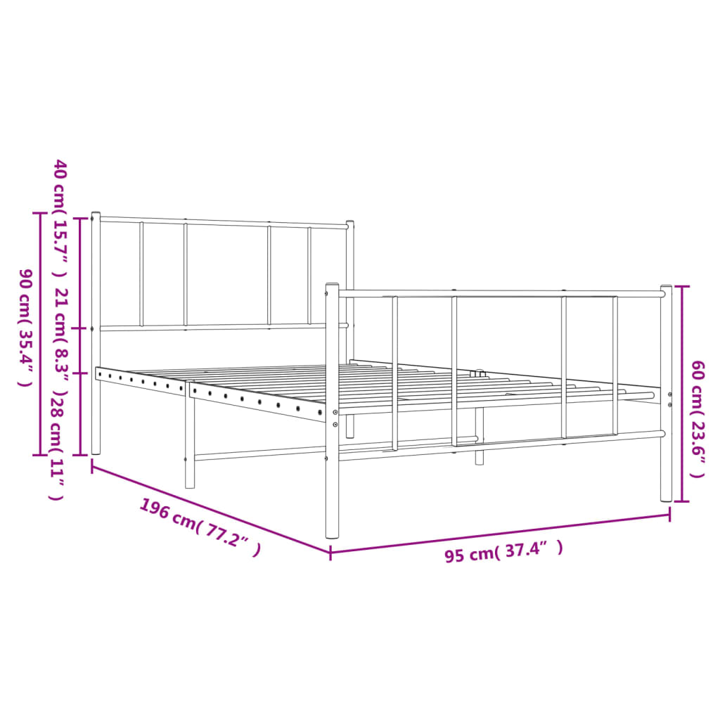 Metal Bed Frame With Headboard And Footboard Black 90X190 Cm Single