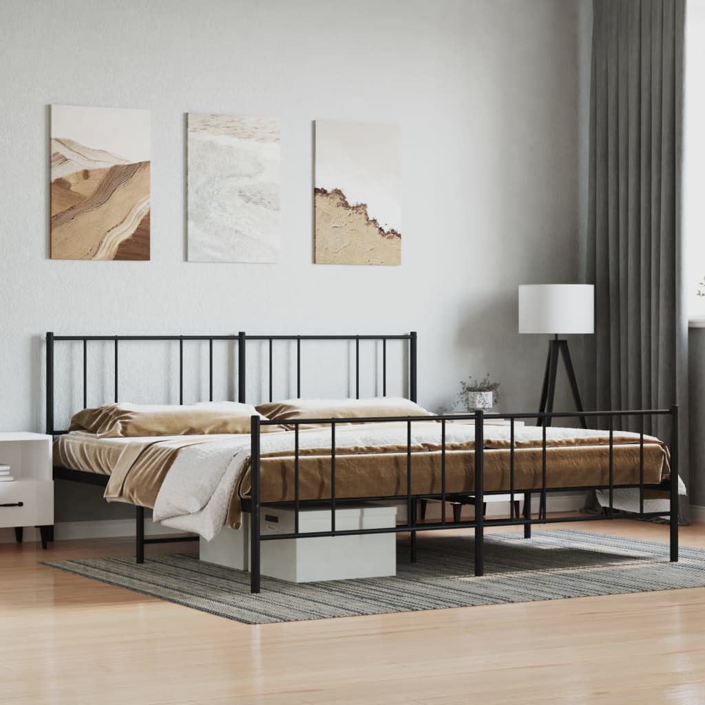 Metal Bed Frame With Headboard And Footboard Black 180X200 Cm Super King