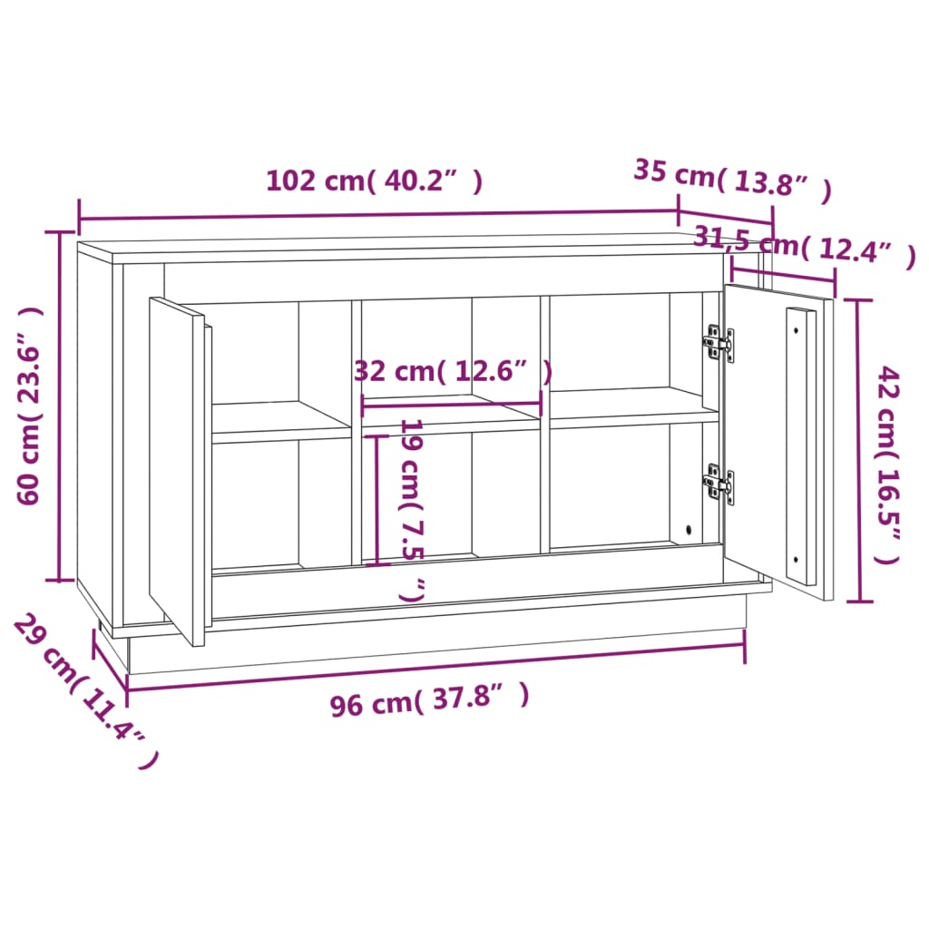 Sideboard High Gloss White 102X35X60 Cm Engineered Wood