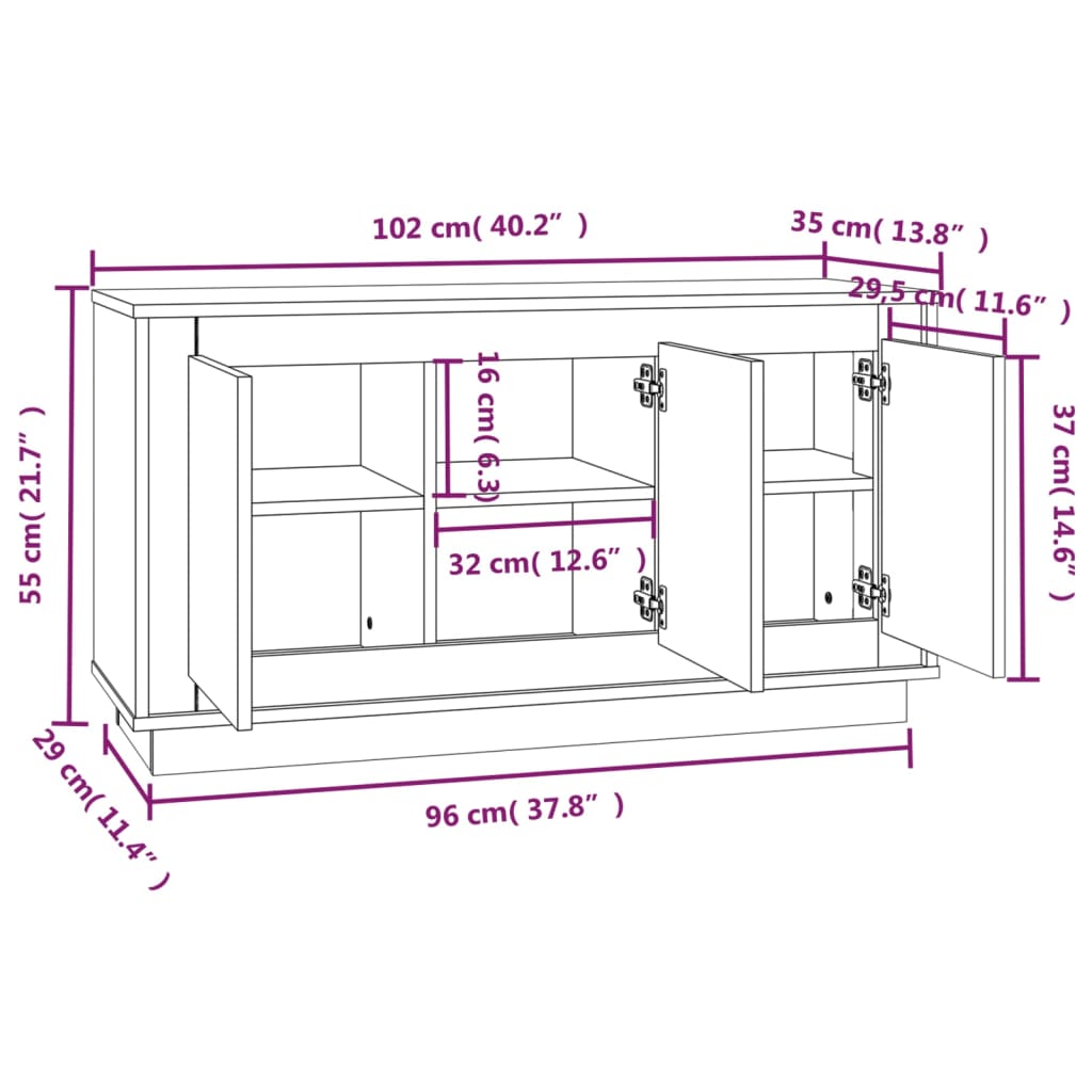 Sideboard High Gloss White 102X35X55 Cm Engineered Wood