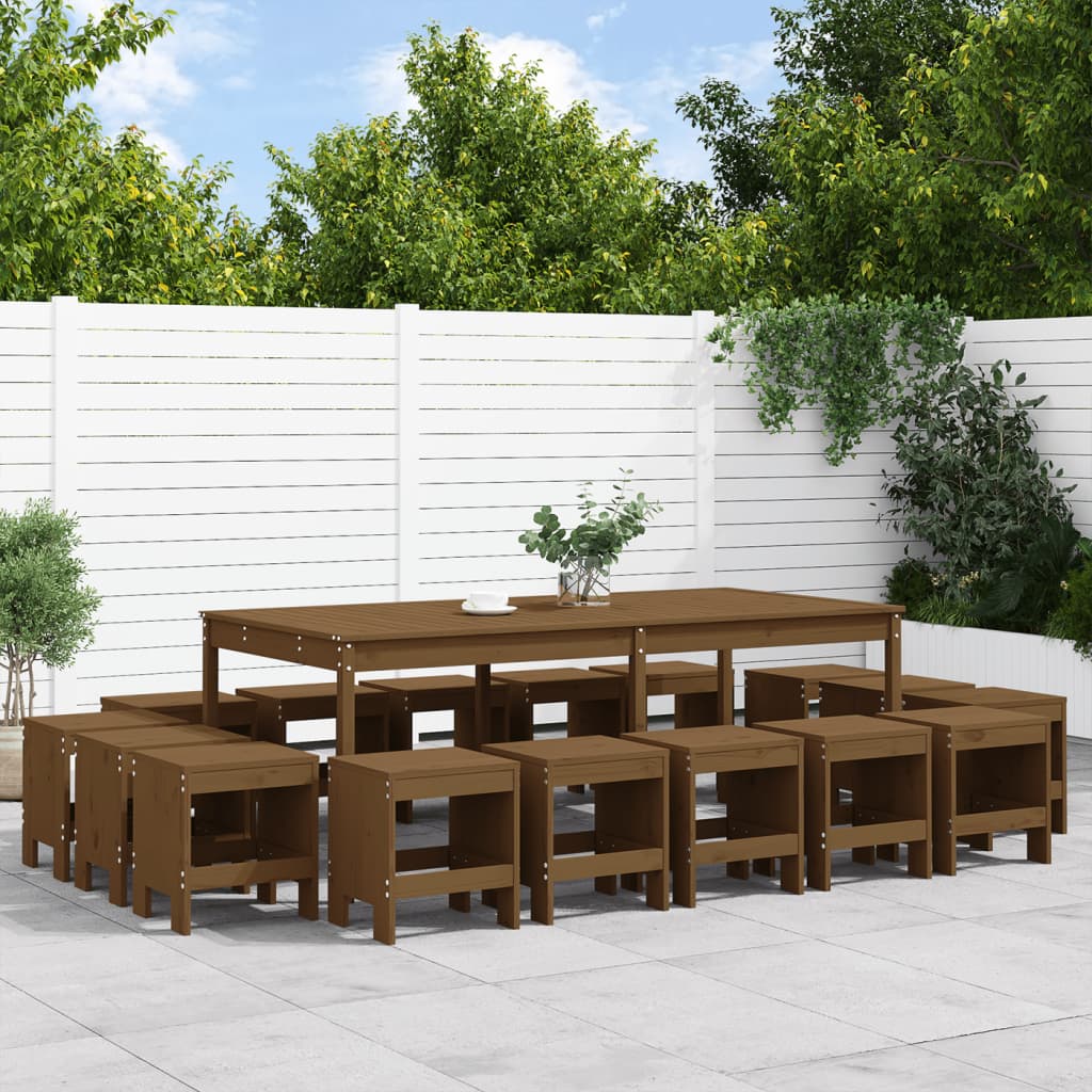 17 Piece Garden Dining Set Honey Brown Solid Wood Pine