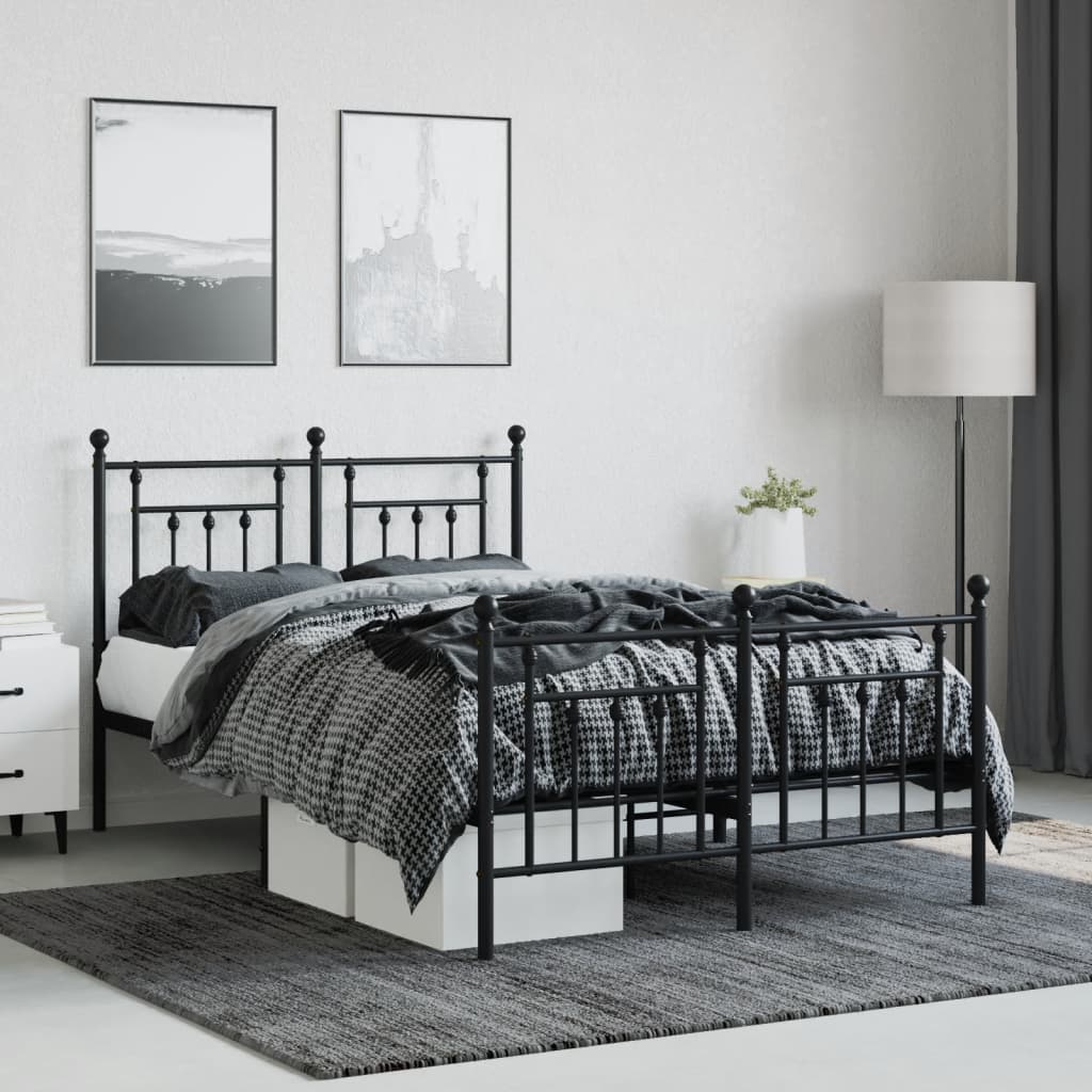 Metal Bed Frame With Headboard And Footboard Black 120X190 Cm Small Double