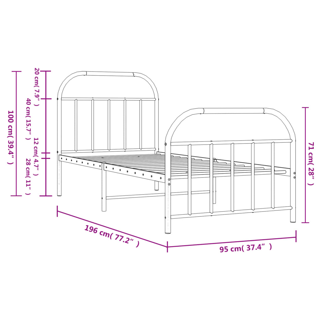 Metal Bed Frame With Headboard And Footboard Black 90X190 Cm Single