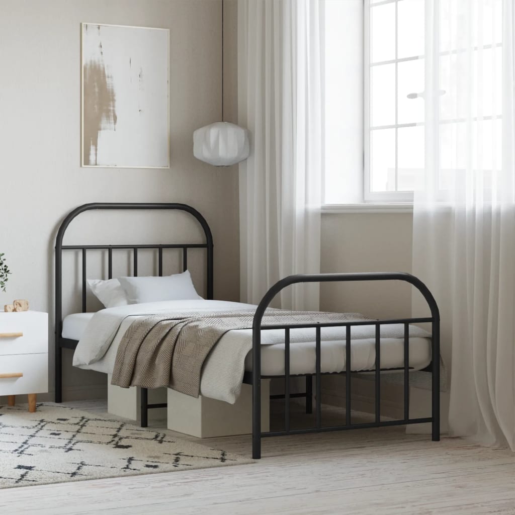 Metal Bed Frame With Headboard And Footboard Black 90X190 Cm Single