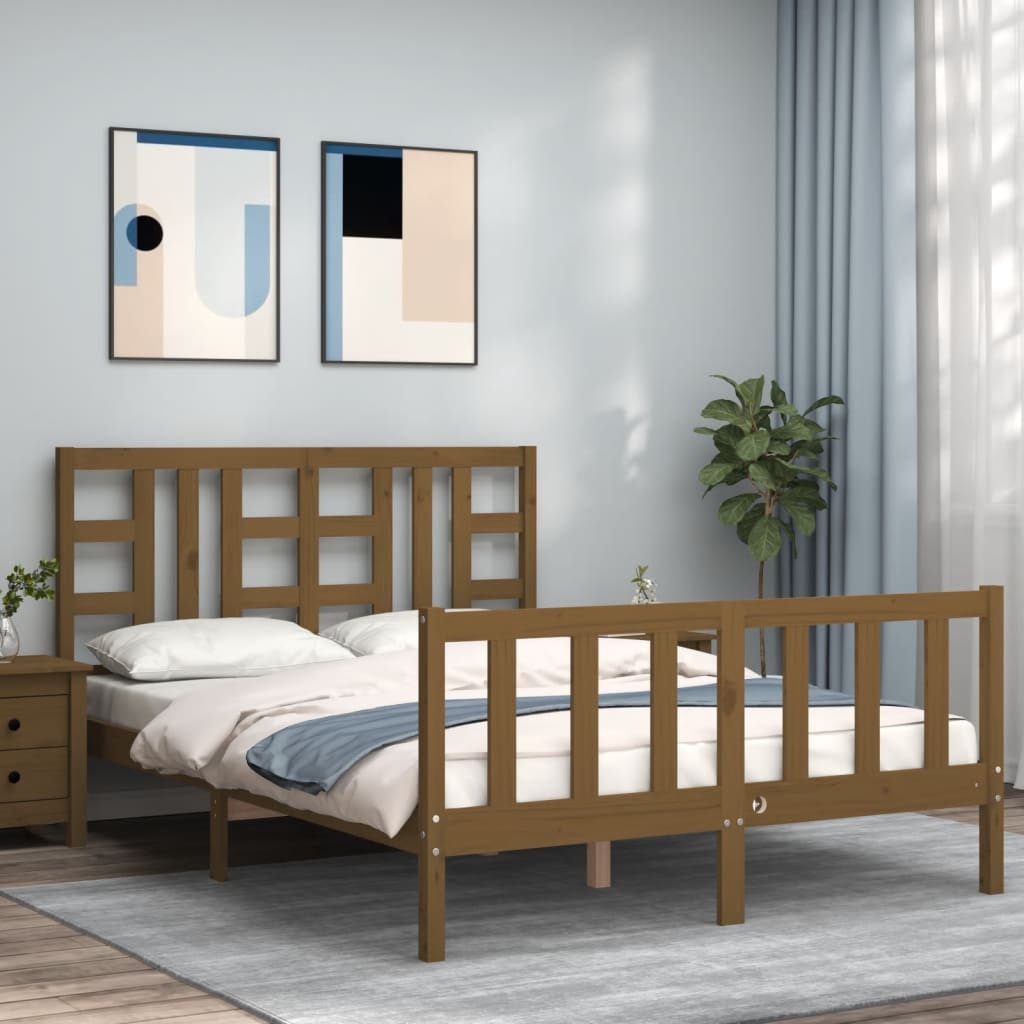 Bed Frame With Headboard Honey Brown King Size Solid Wood