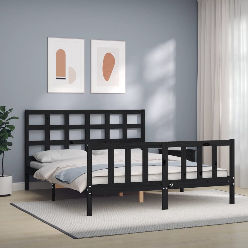 Bed Frame With Headboard Black King Size Solid Wood