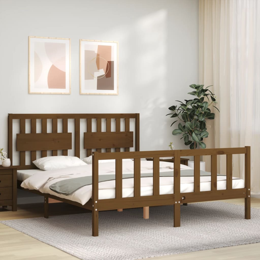 Bed Frame With Headboard Honey Brown King Size Solid Wood