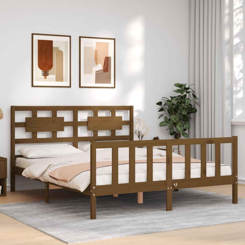 Bed Frame With Headboard Honey Brown King Size Solid Wood