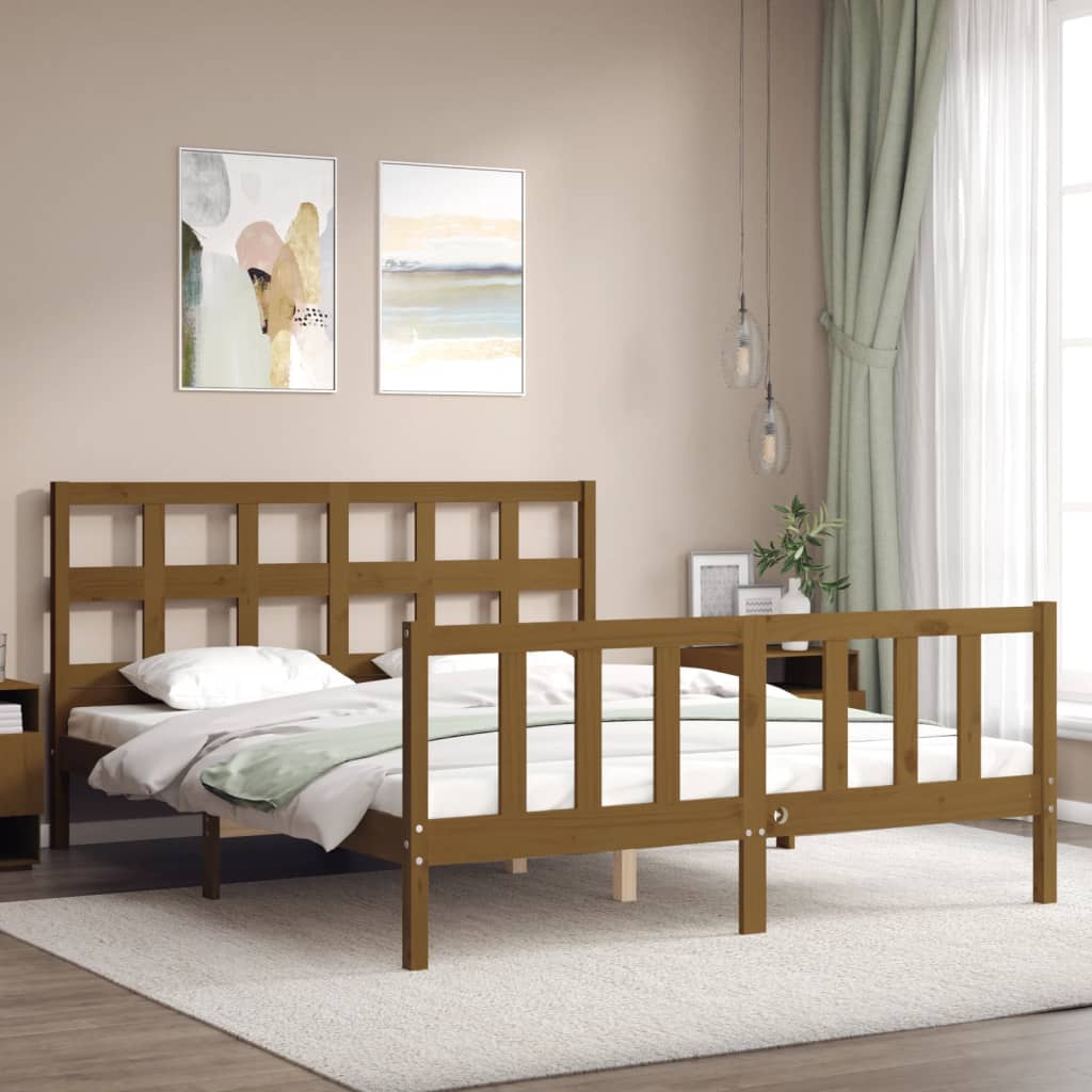 Bed Frame With Headboard Honey Brown King Size Solid Wood