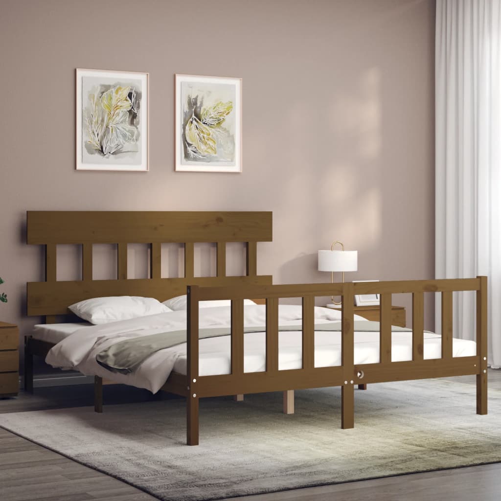 Bed Frame With Headboard Honey Brown King Size Solid Wood