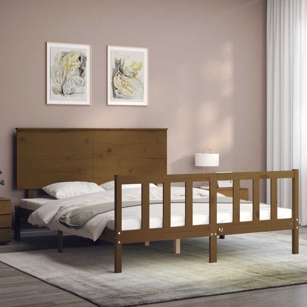 Bed Frame With Headboard Honey Brown King Size Solid Wood