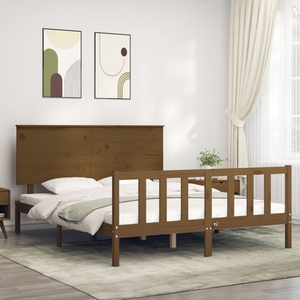 Bed Frame With Headboard Honey Brown King Size Solid Wood