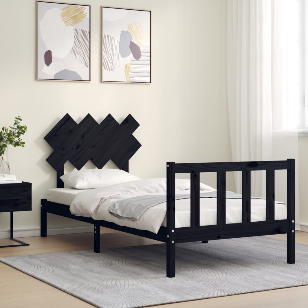 Bed Frame With Headboard Black Single Solid Wood