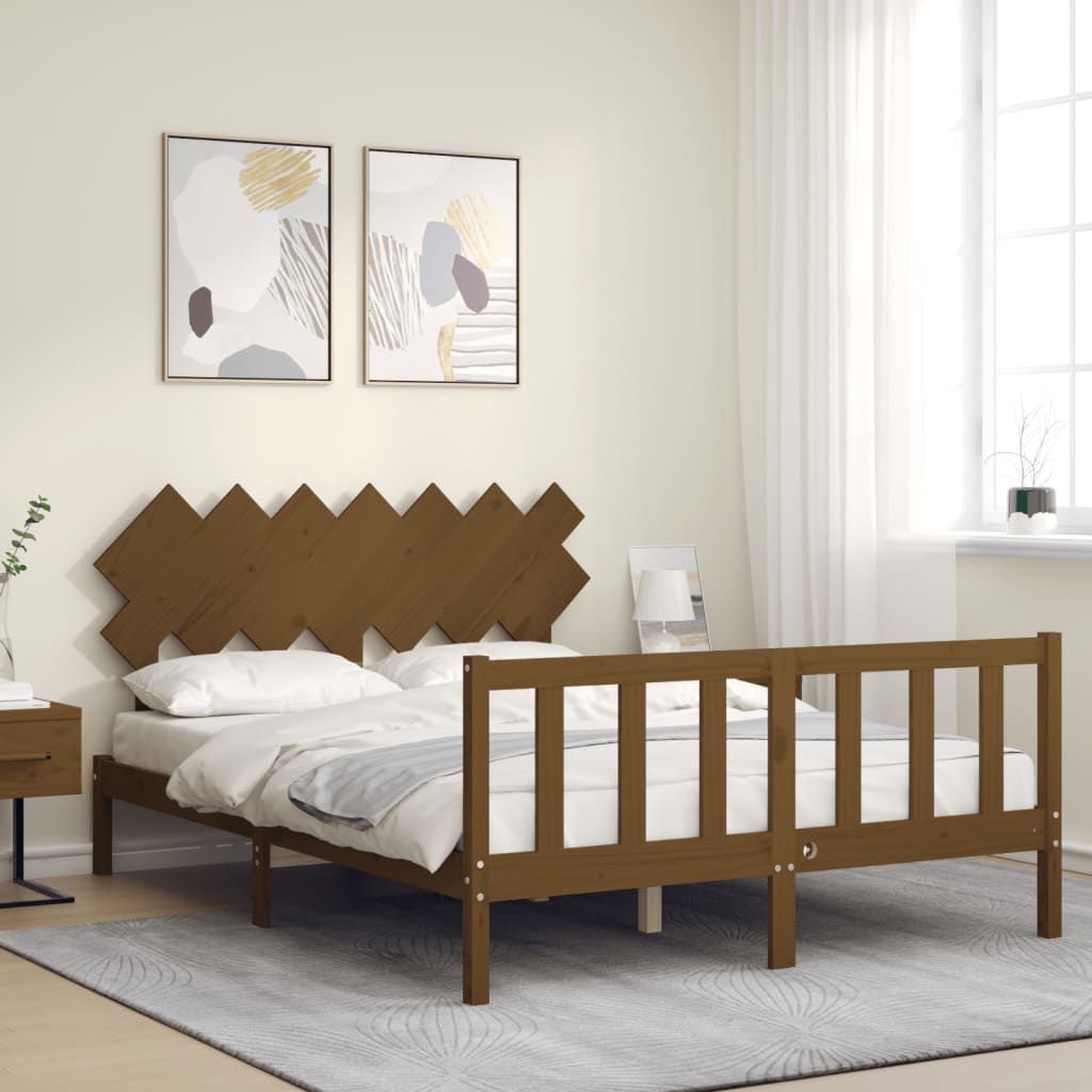 Bed Frame With Headboard Honey Brown King Size Solid Wood