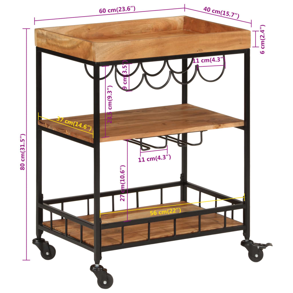 Bar Cart 60X40X80 Cm Solid Wood Acacia And Iron