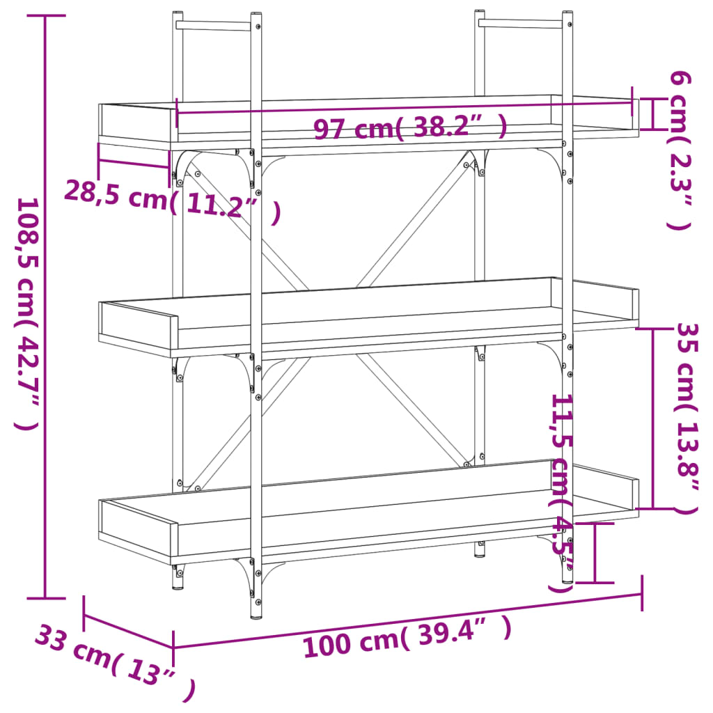 Bookcase 3-Tier Smoked Oak 100X33X108.5 Cm Engineered Wood