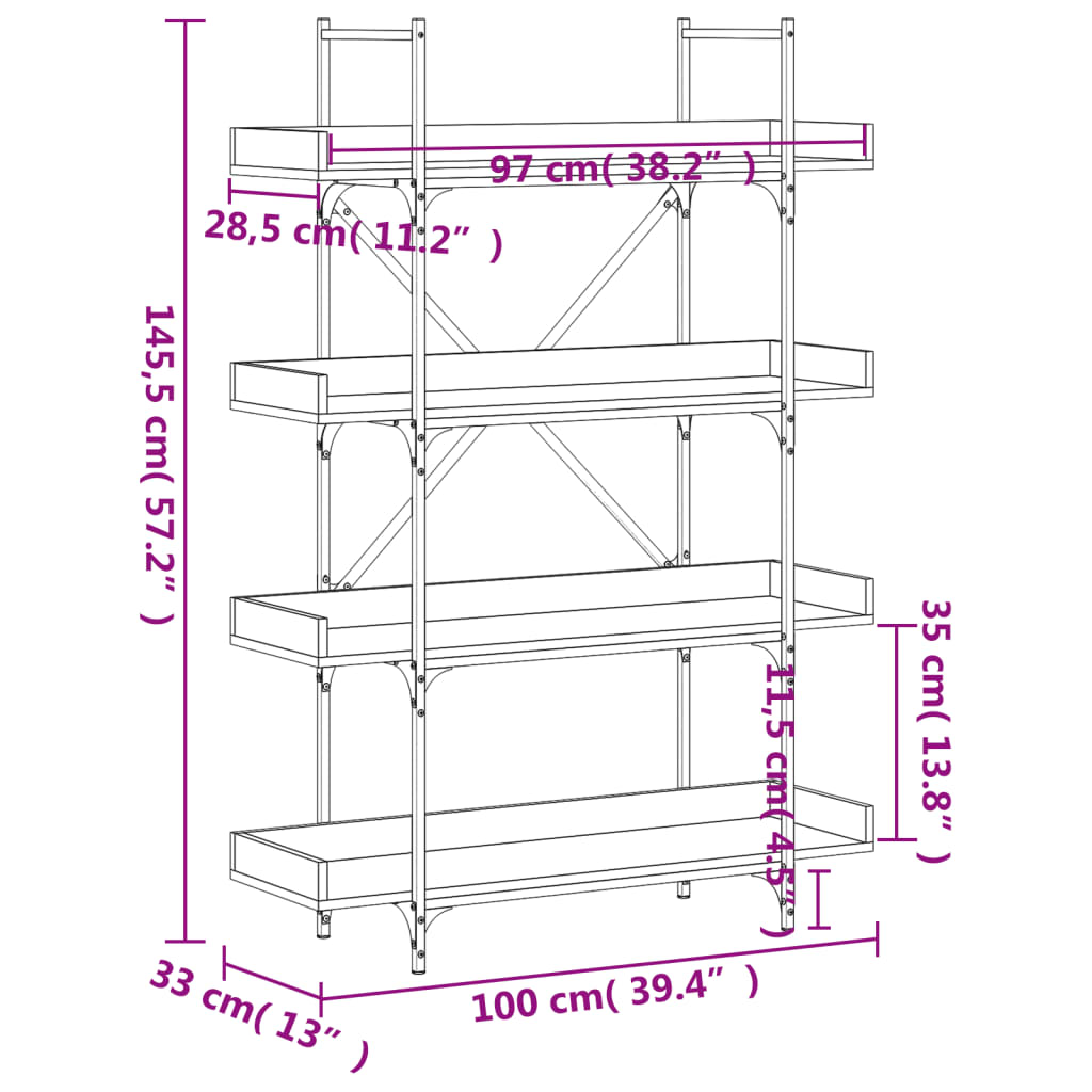 Bookcase 4-Tier Grey Sonoma 100X33X145.5 Cm Engineered Wood