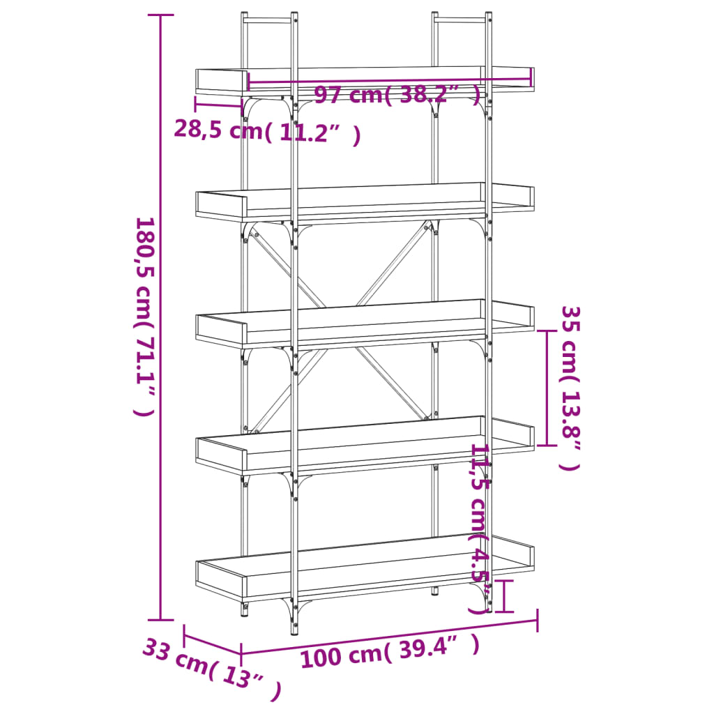 Bookcase 5-Tier Smoked Oak 100X33X180.5 Cm Engineered Wood