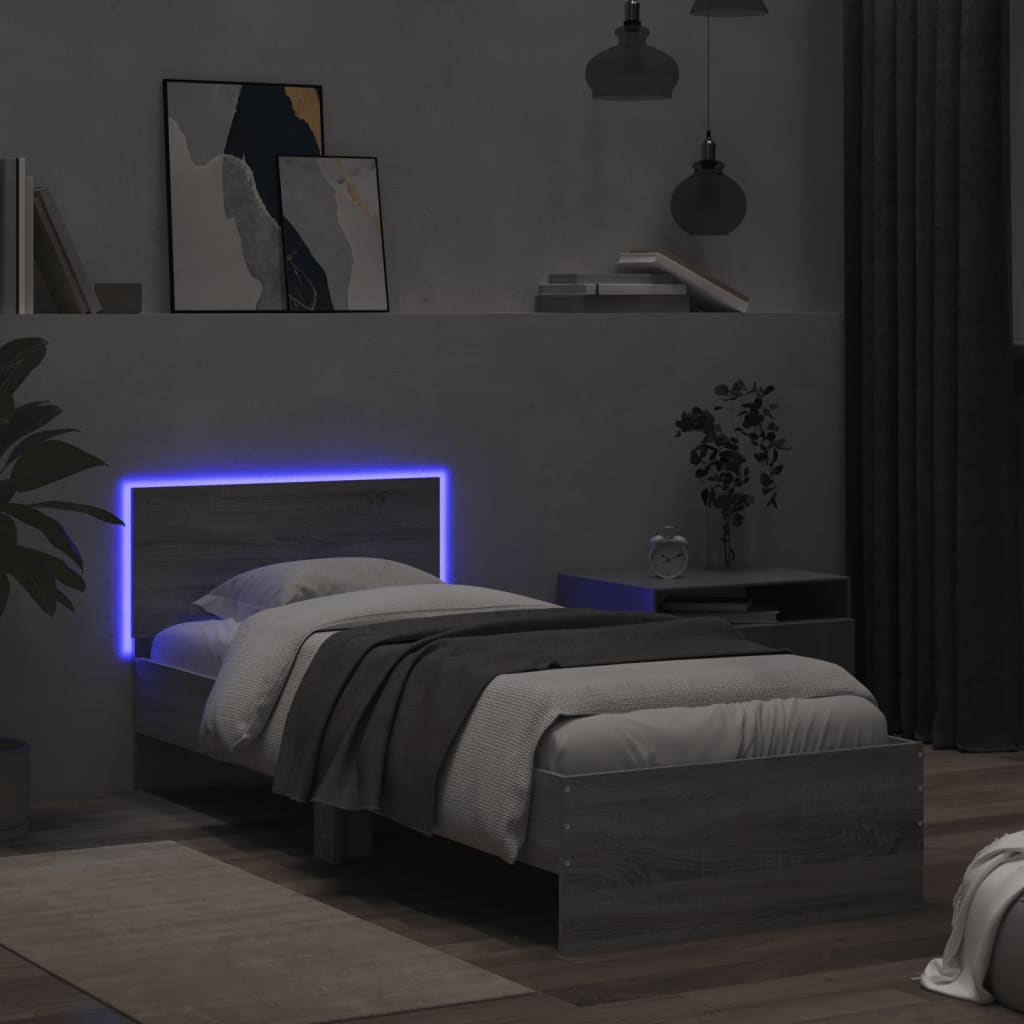 Bed Frame With Headboard And Led Lights Grey Sonoma 90X190 Cm Single