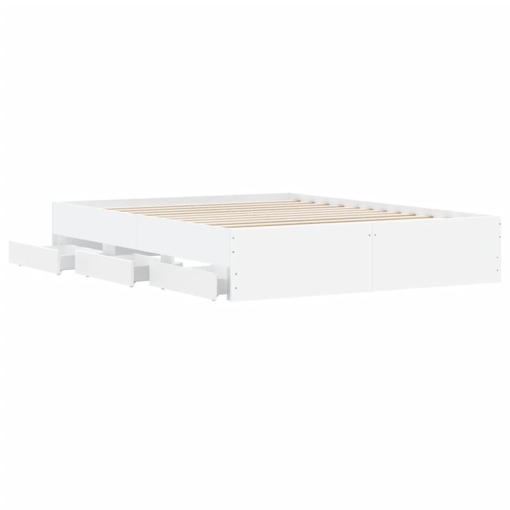 Bed Frame With Drawers White 150X200 Cm King Size Engineered Wood