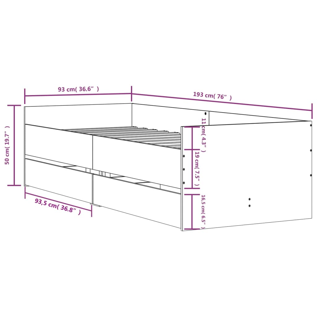 Bed Frame With Drawers Concrete Grey 90X190 Cm Single