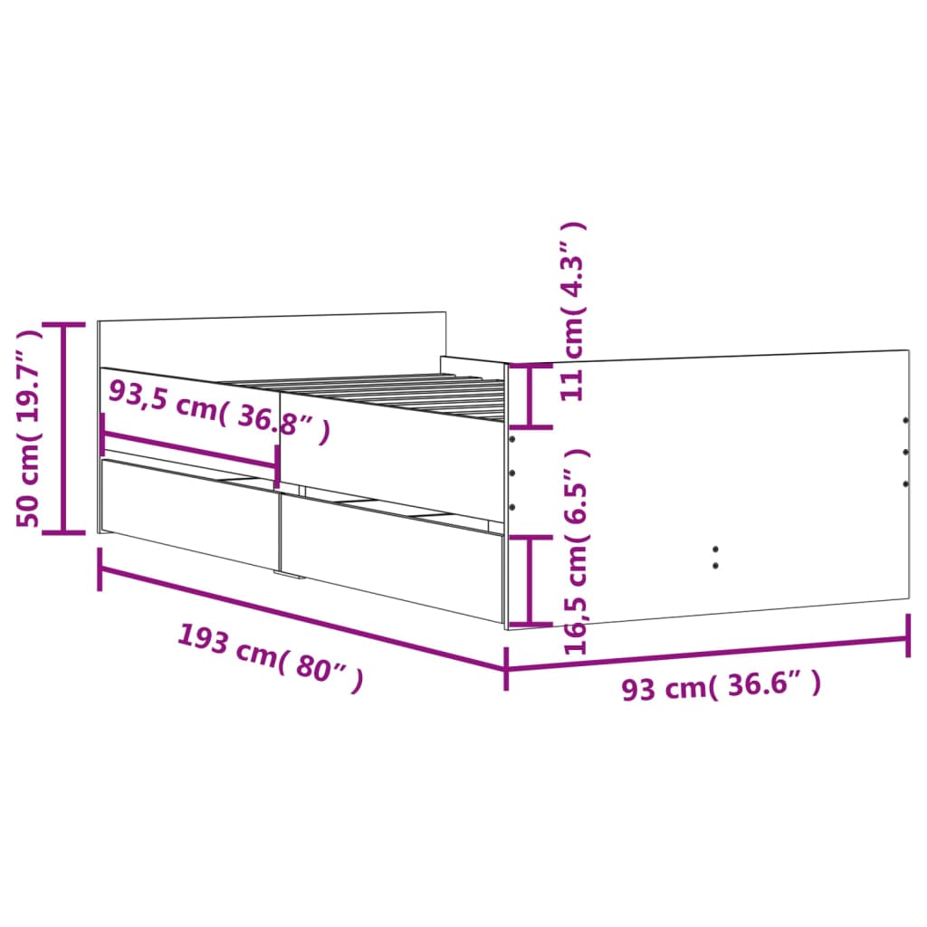 Bed Frame With Drawers Grey Sonoma 90X190 Cm Single