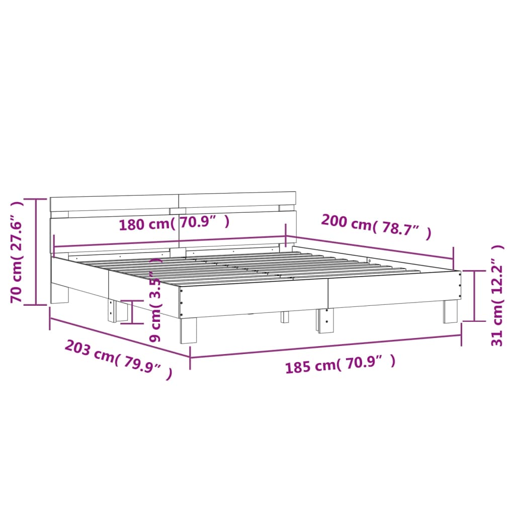 Bed Frame With Headboard Concrete Grey 180X200 Cm Super King Size Engineered Wood