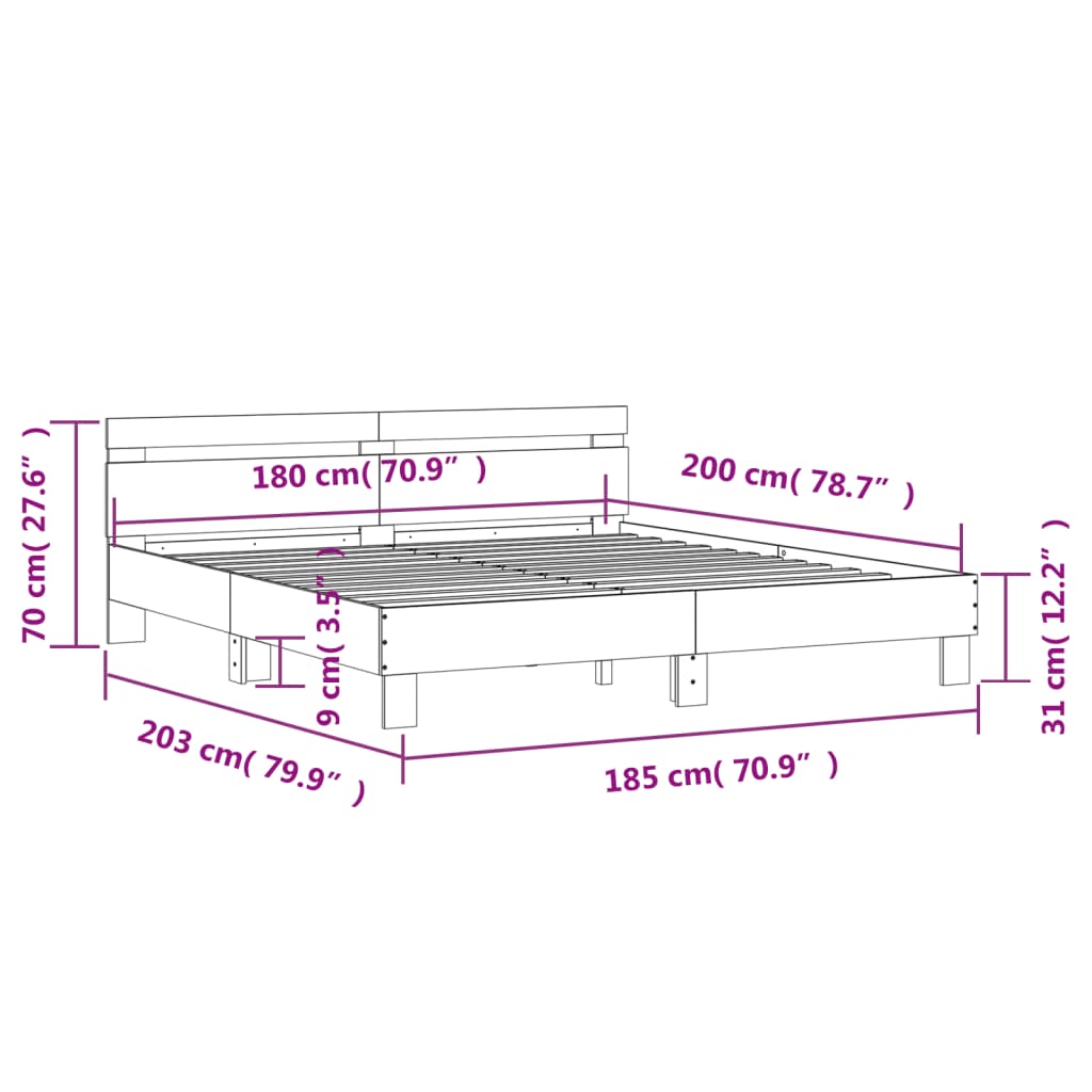 Bed Frame With Headboard Grey Sonoma 180X200 Cm Super King Size Engineered Wood