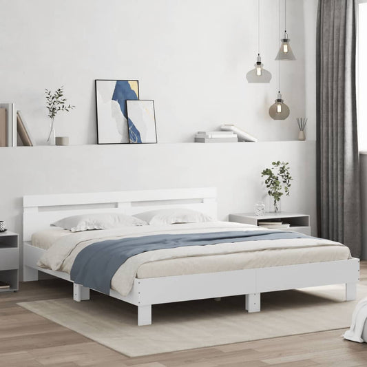 Bed Frame With Headboard And Led White 180X200 Cm Super King Size