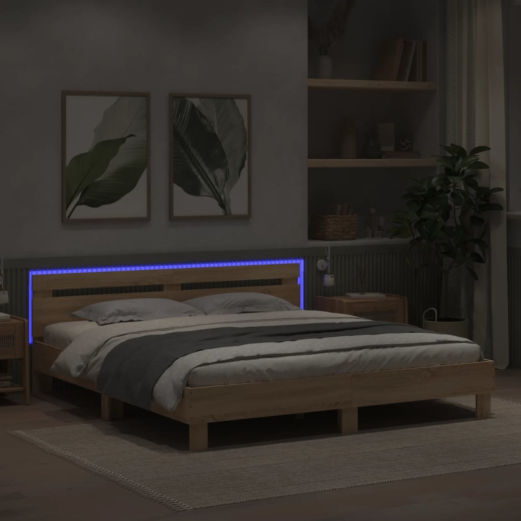 Bed Frame With Headboard And Led Sonoma Oak 180X200 Cm Super King Size