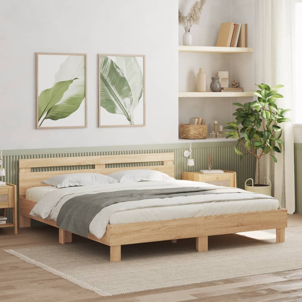 Bed Frame With Headboard And Led Sonoma Oak 180X200 Cm Super King Size