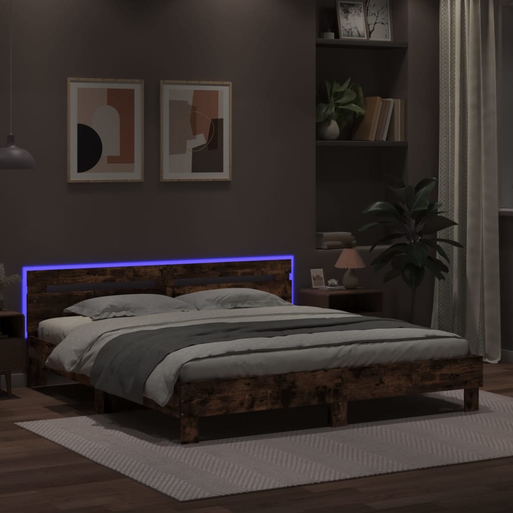 Bed Frame With Headboard And Led Smoked Oak 180X200 Cm Super King Size